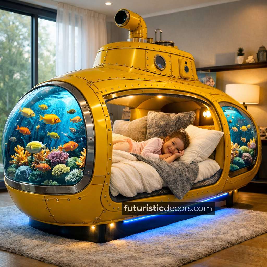 Submarine Aquarium Beds with Coral Reef Views & LED Lighting Submarine Aquarium Beds