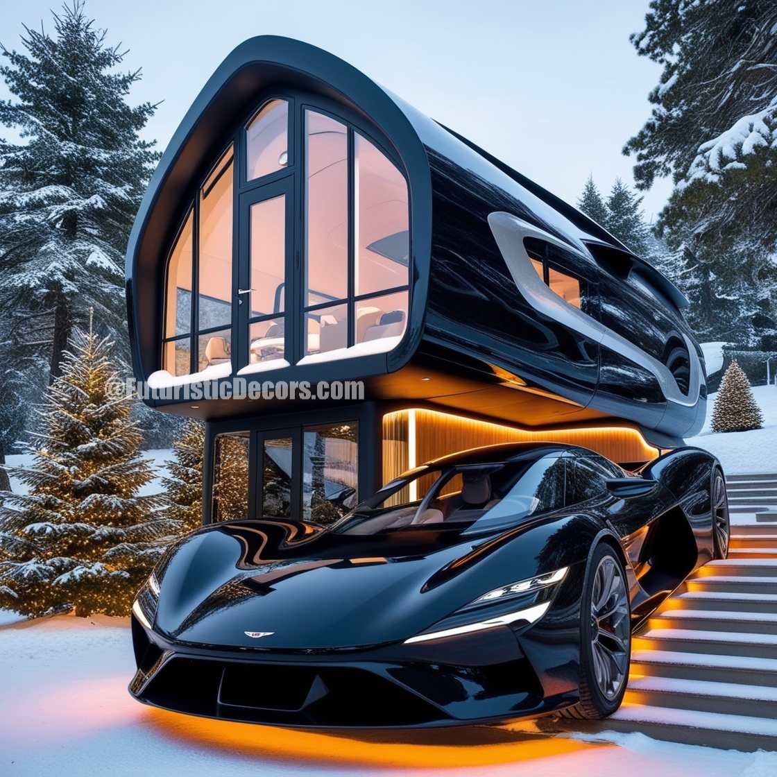 A car-shaped villa decorated for Christmas