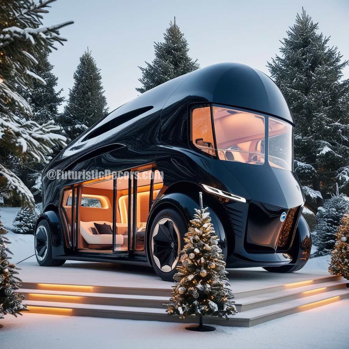 A car-shaped villa decorated for Christmas