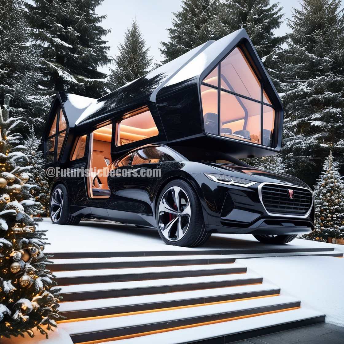 A car-shaped villa decorated for Christmas