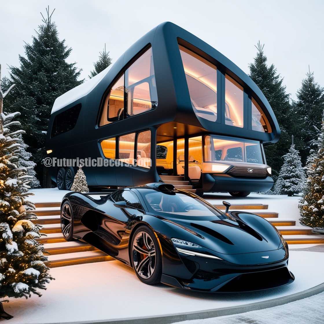 A car-shaped villa decorated for Christmas