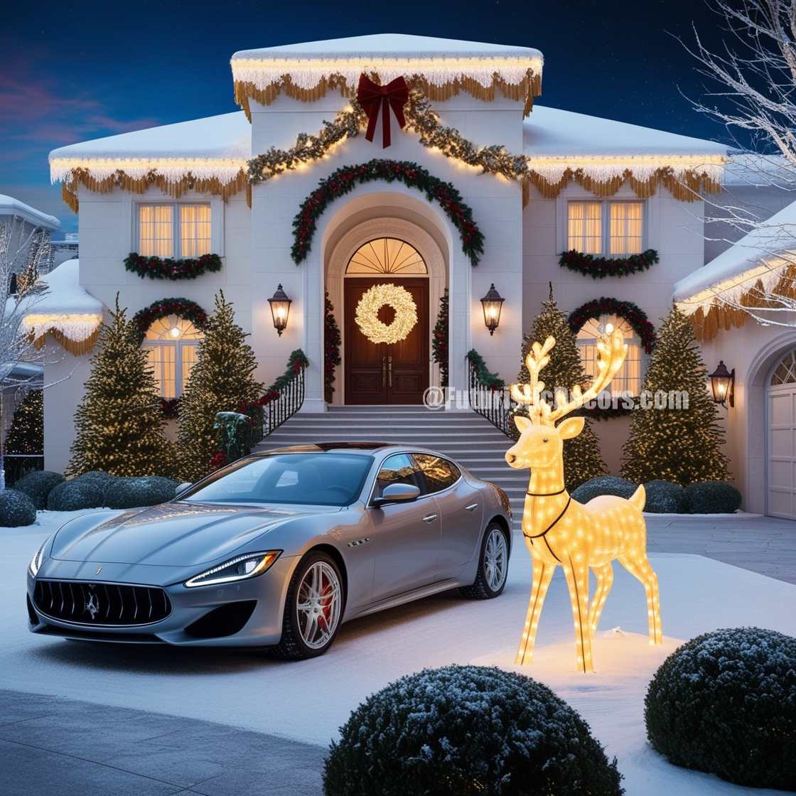 A Mansion Decorated With Christmas Lights