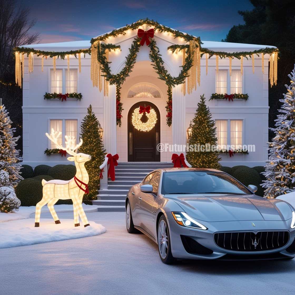 A Mansion Decorated With Christmas Lights