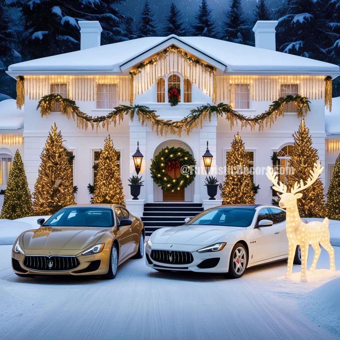 A Mansion Decorated With Christmas Lights