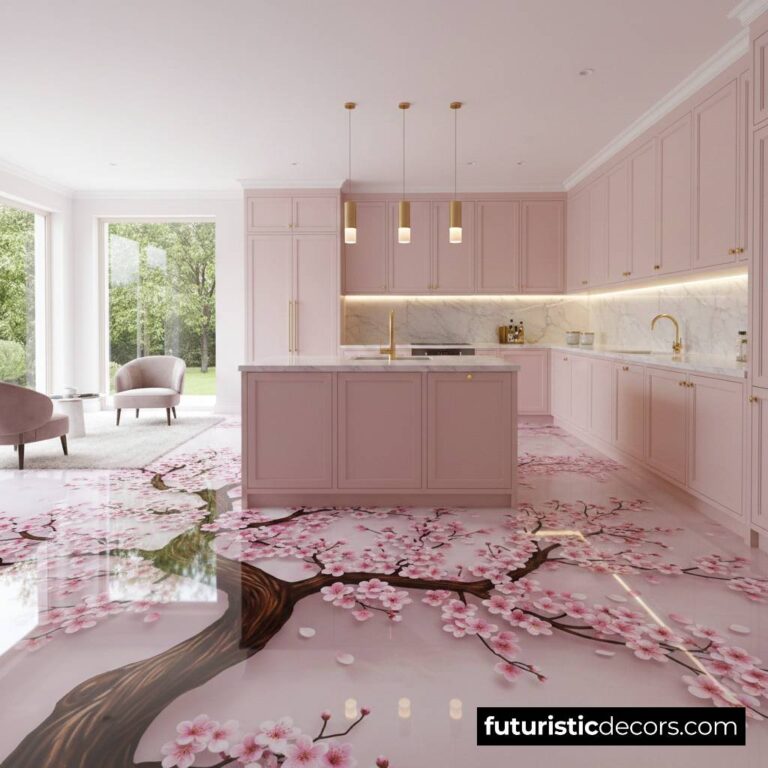 Cherry Blossom Epoxy Floor: Transform Kitchen with 3D Floral Art
