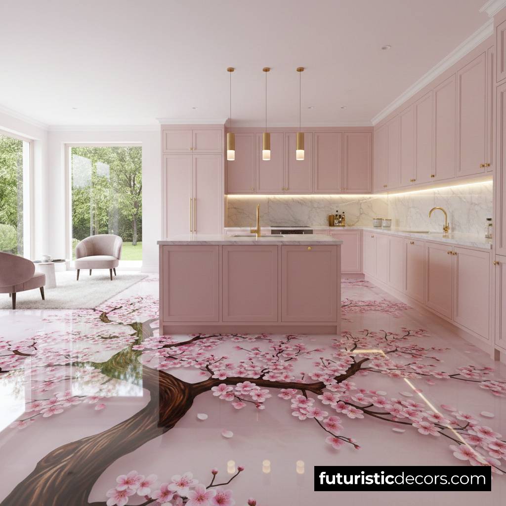 Cherry Blossom Epoxy Floor: Transform Kitchen with 3D Floral Art Cherry Blossom Epoxy Flooring