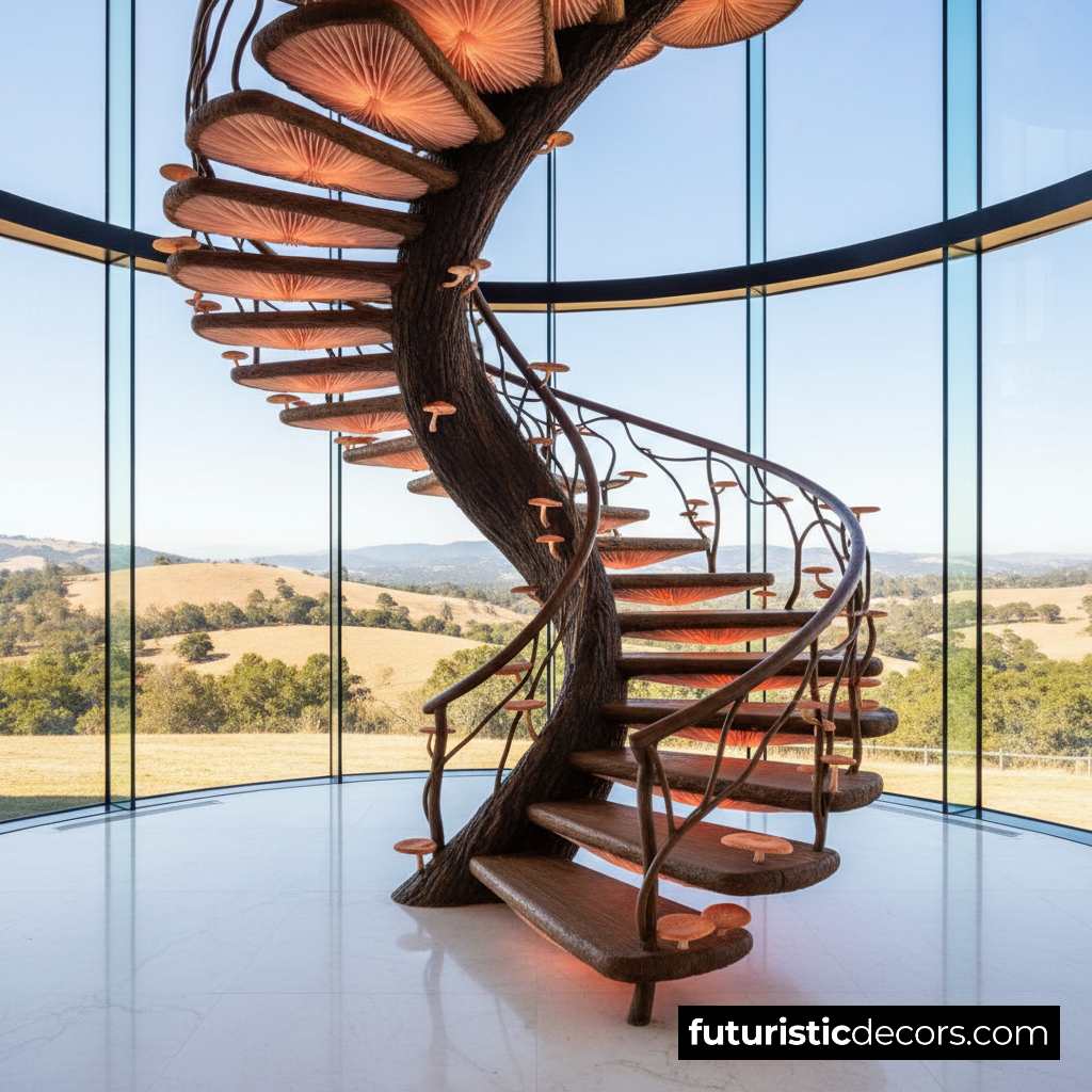 mushroom inspired wooden staircase