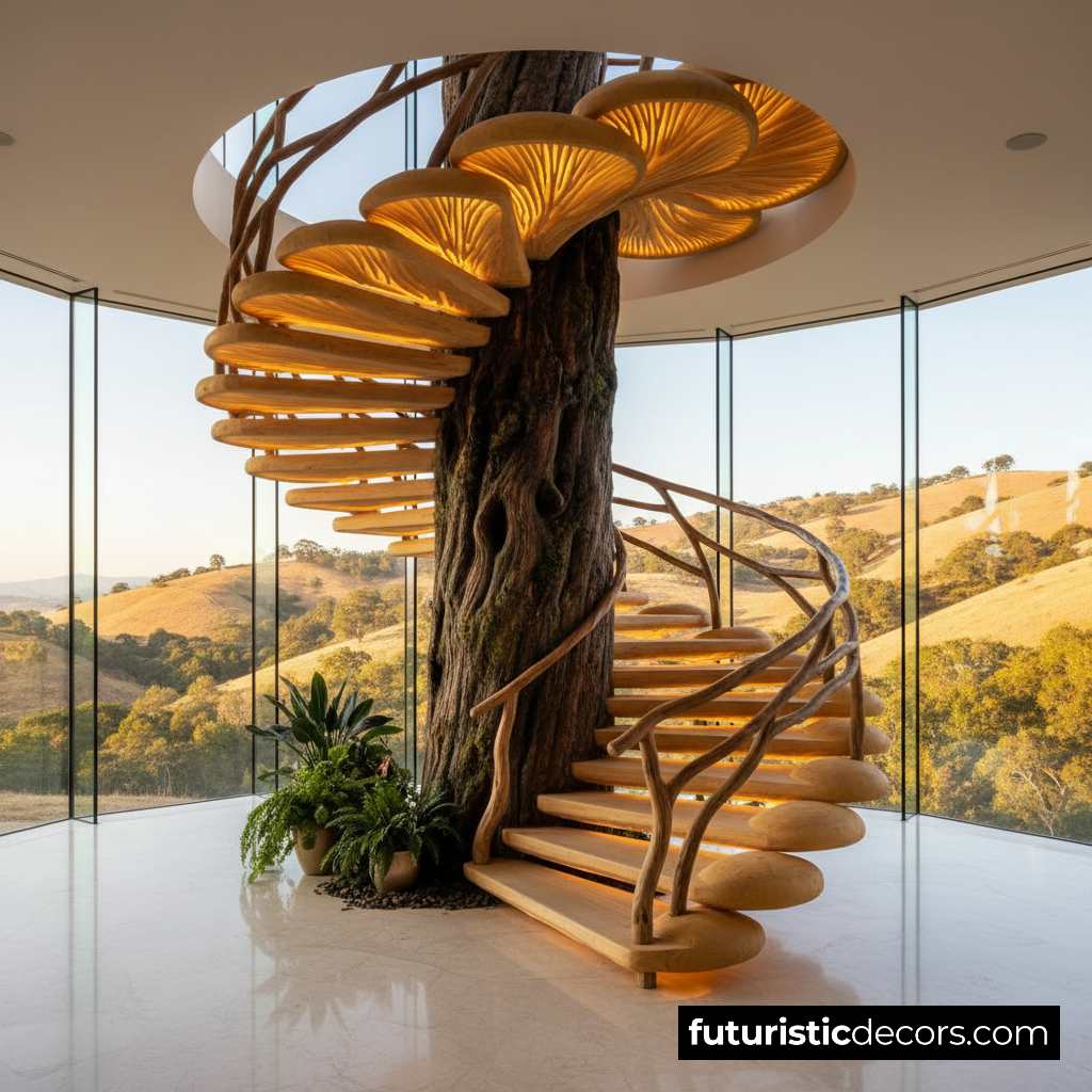 mushroom inspired wooden staircase
