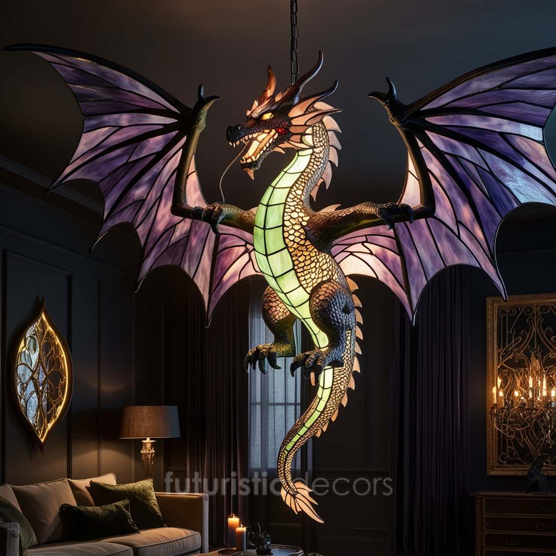Green And Purple Glowing Stained Glass Dragon Chandeliers