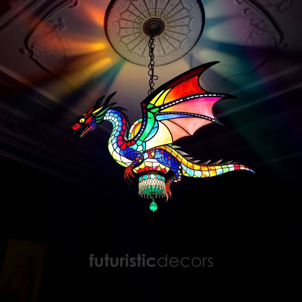 Rainbow Stained Glass Dragon Chandelier