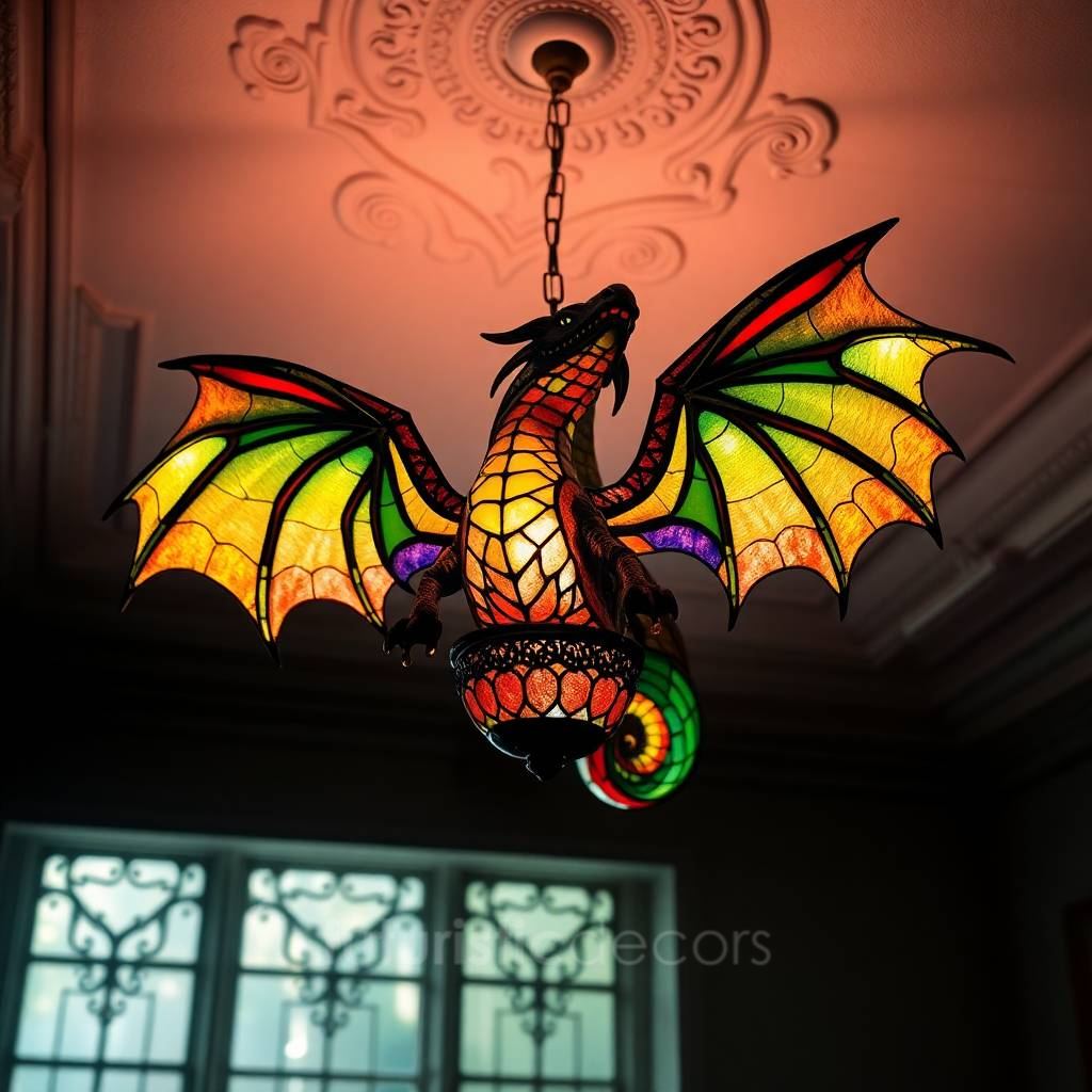 Rainbow Stained Glass Dragon Chandelier