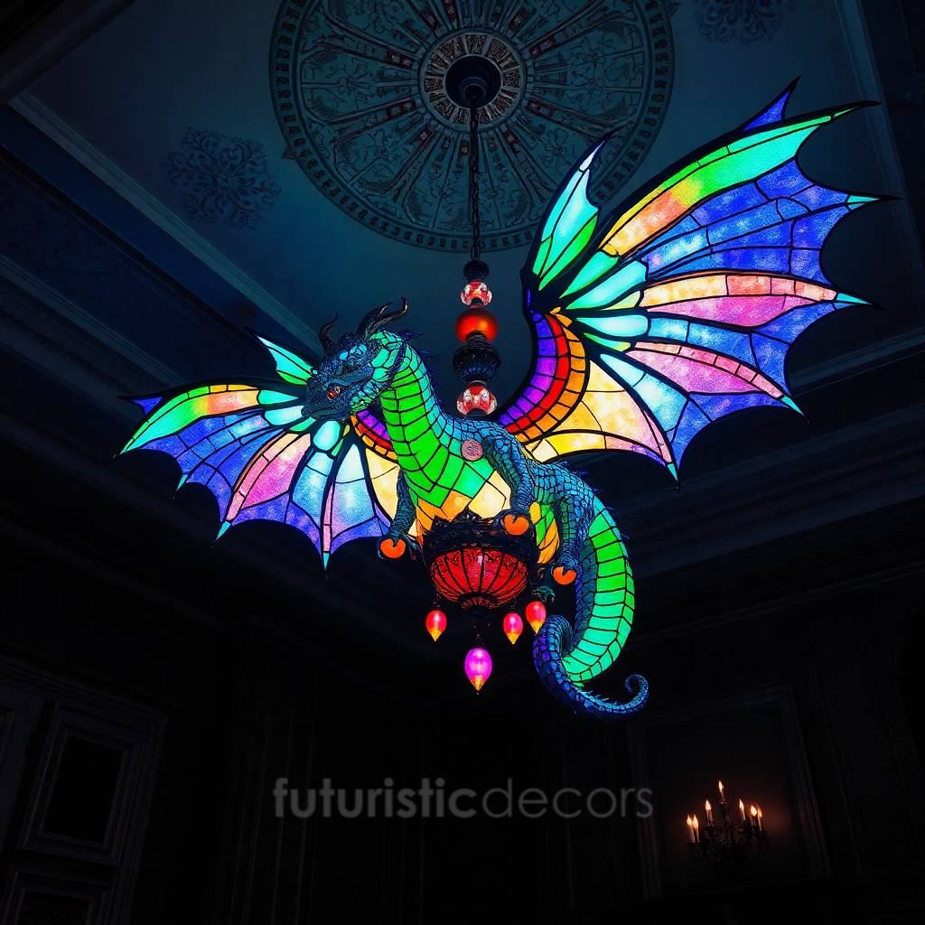 Rainbow Stained Glass Dragon Chandelier