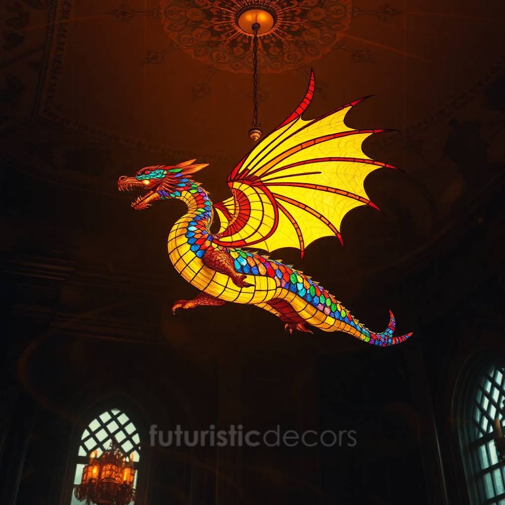 Rainbow Stained Glass Dragon Chandelier