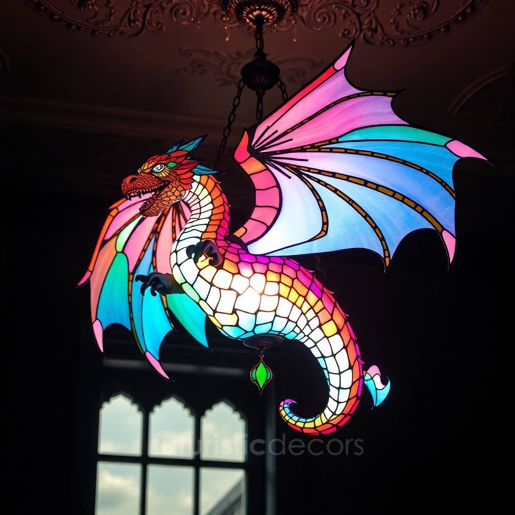 Rainbow Stained Glass Dragon Chandelier