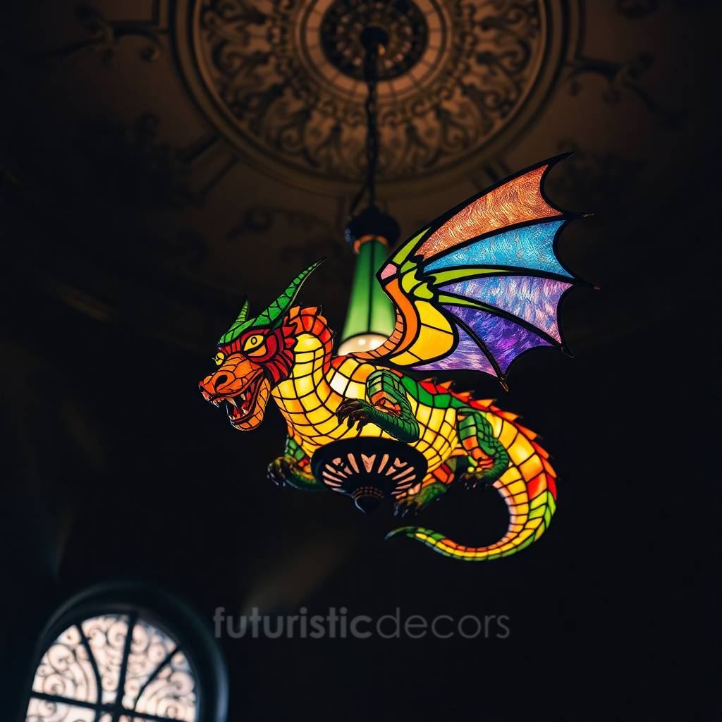 Rainbow Stained Glass Dragon Chandelier