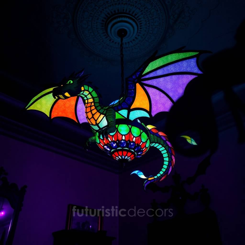 Rainbow Stained Glass Dragon Chandelier