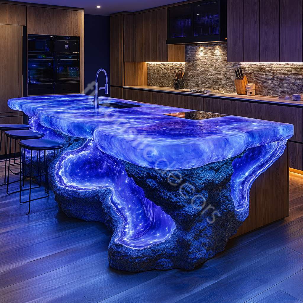 Glowing Swirly Blue Kitchen Island