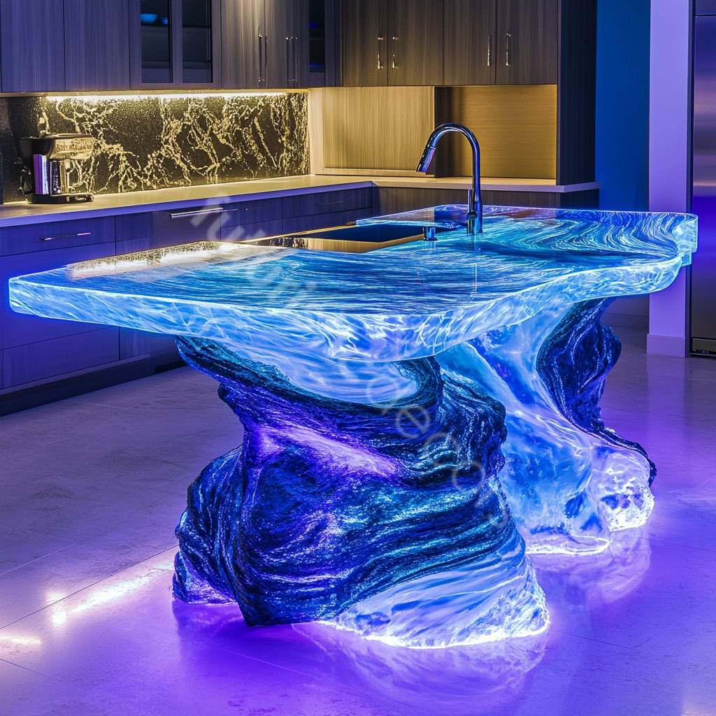 Glowing Swirly Blue Kitchen Island