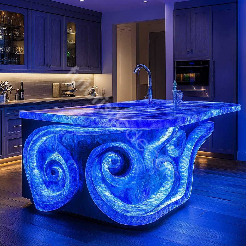 Glowing Swirly Blue Kitchen Island