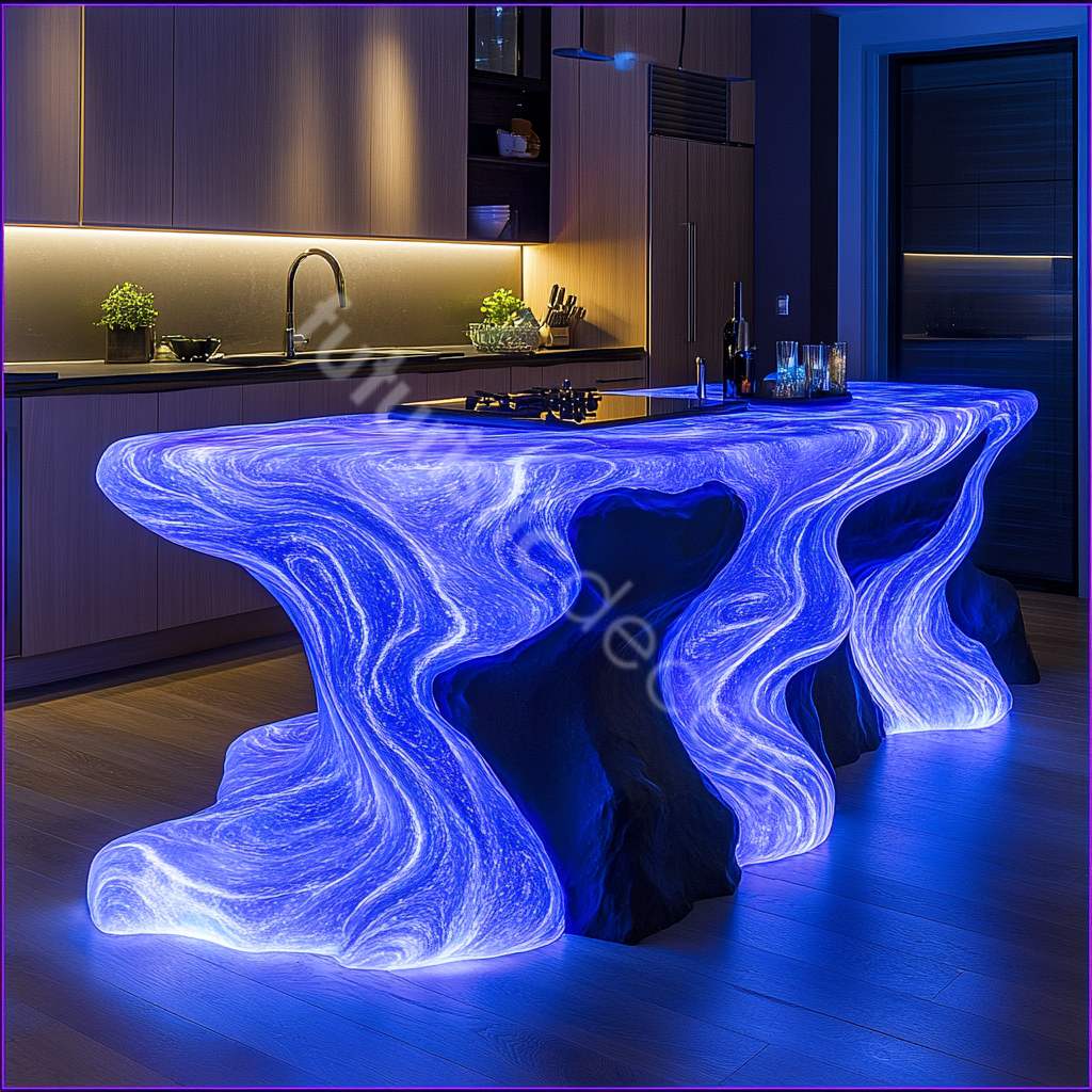 Glowing Swirly Blue Kitchen Island