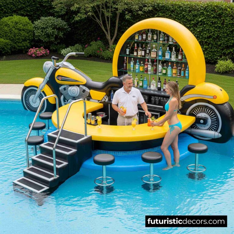 Inflatable Harley Pool with Built-in Bar for Bikers Who Love to Chill
