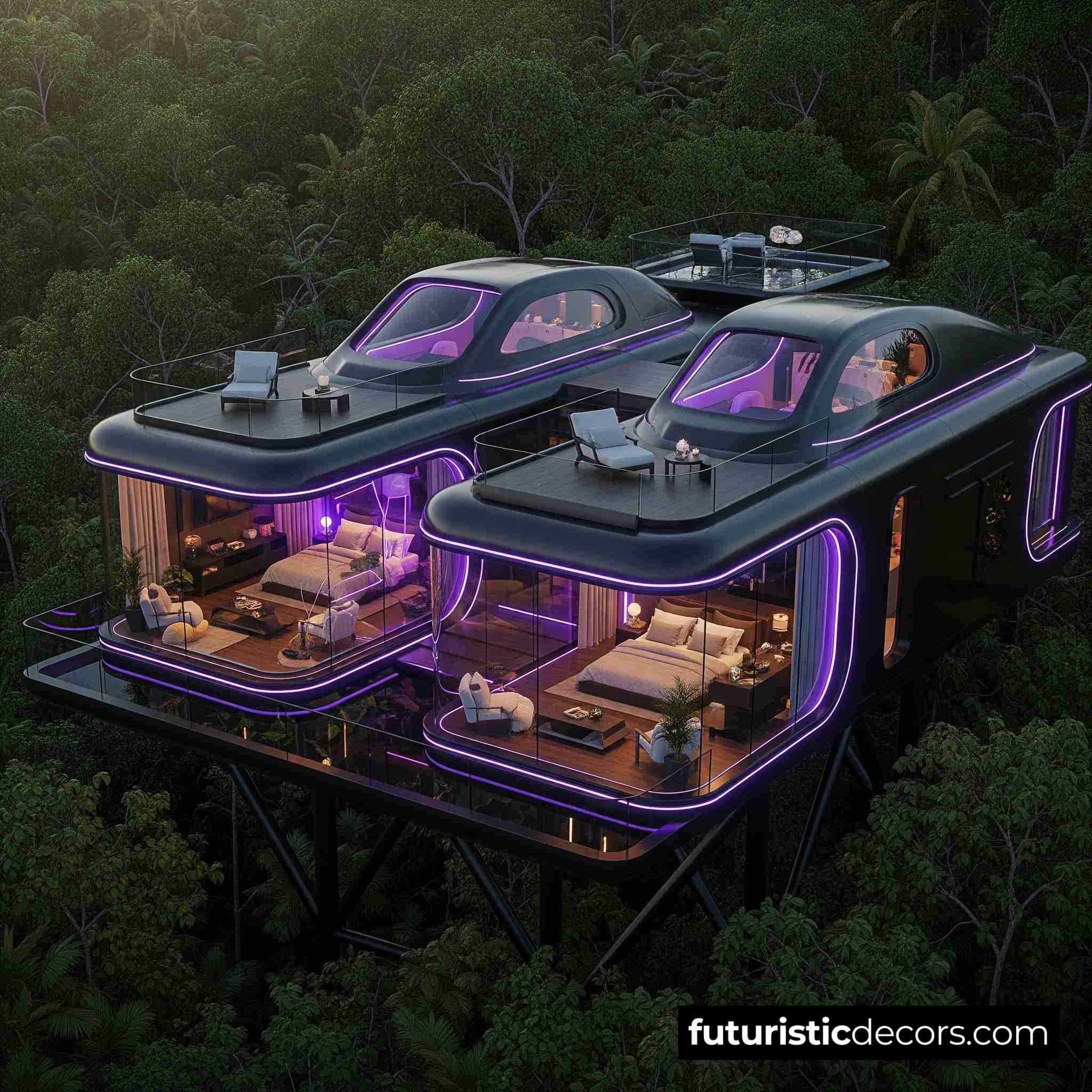 Villa in the shape of a car with neon light