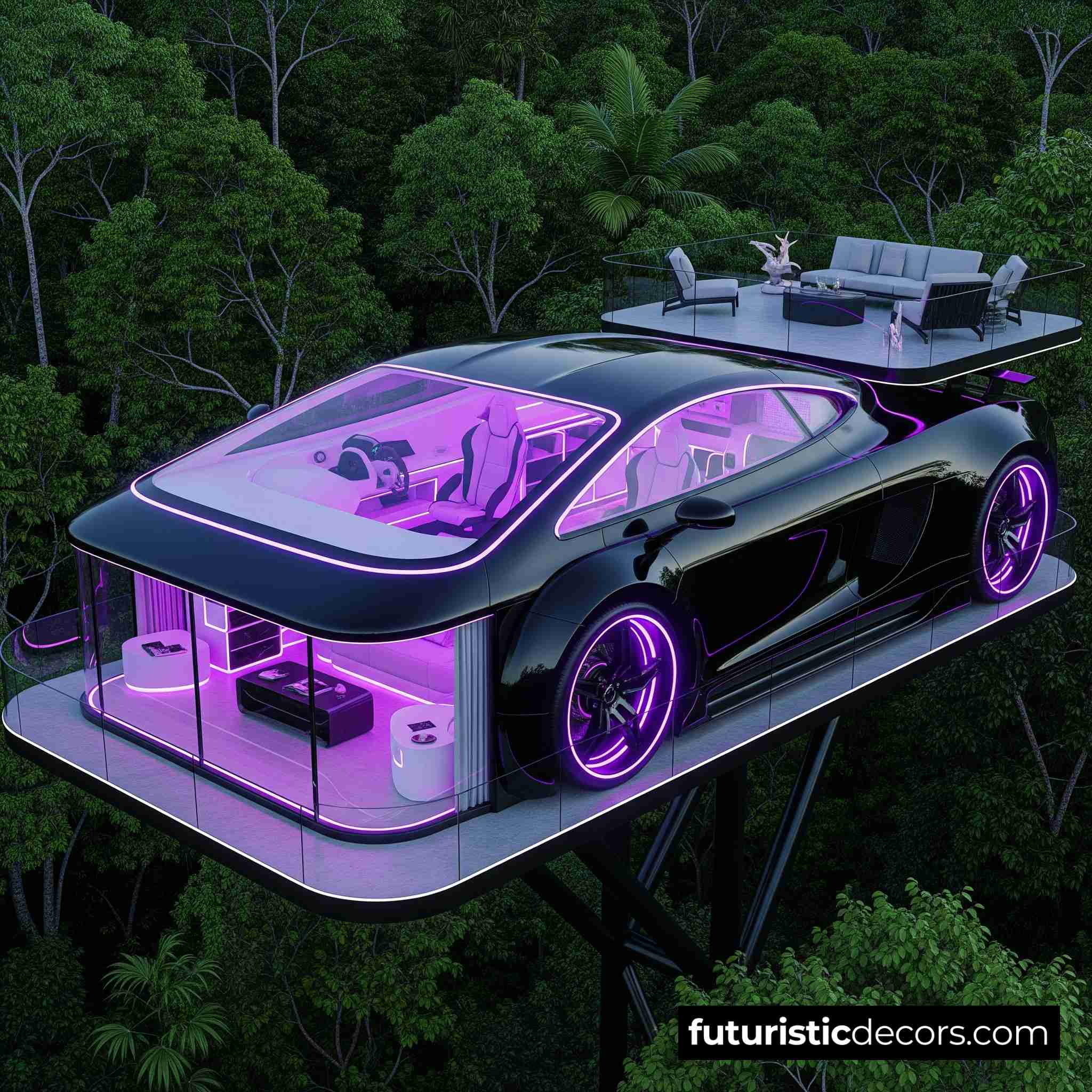 Villa in the shape of a car with neon light