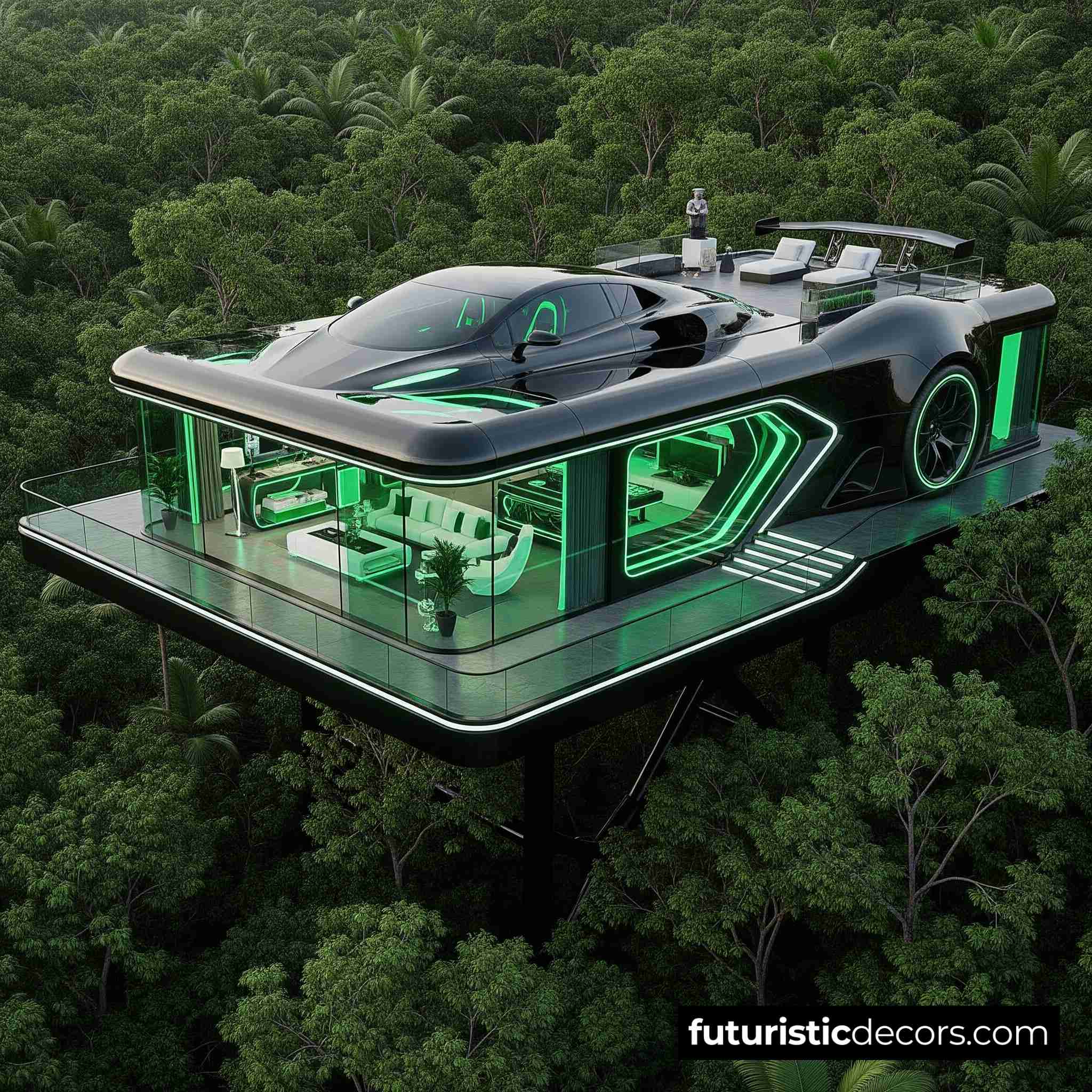 Villa in the shape of a car with neon light