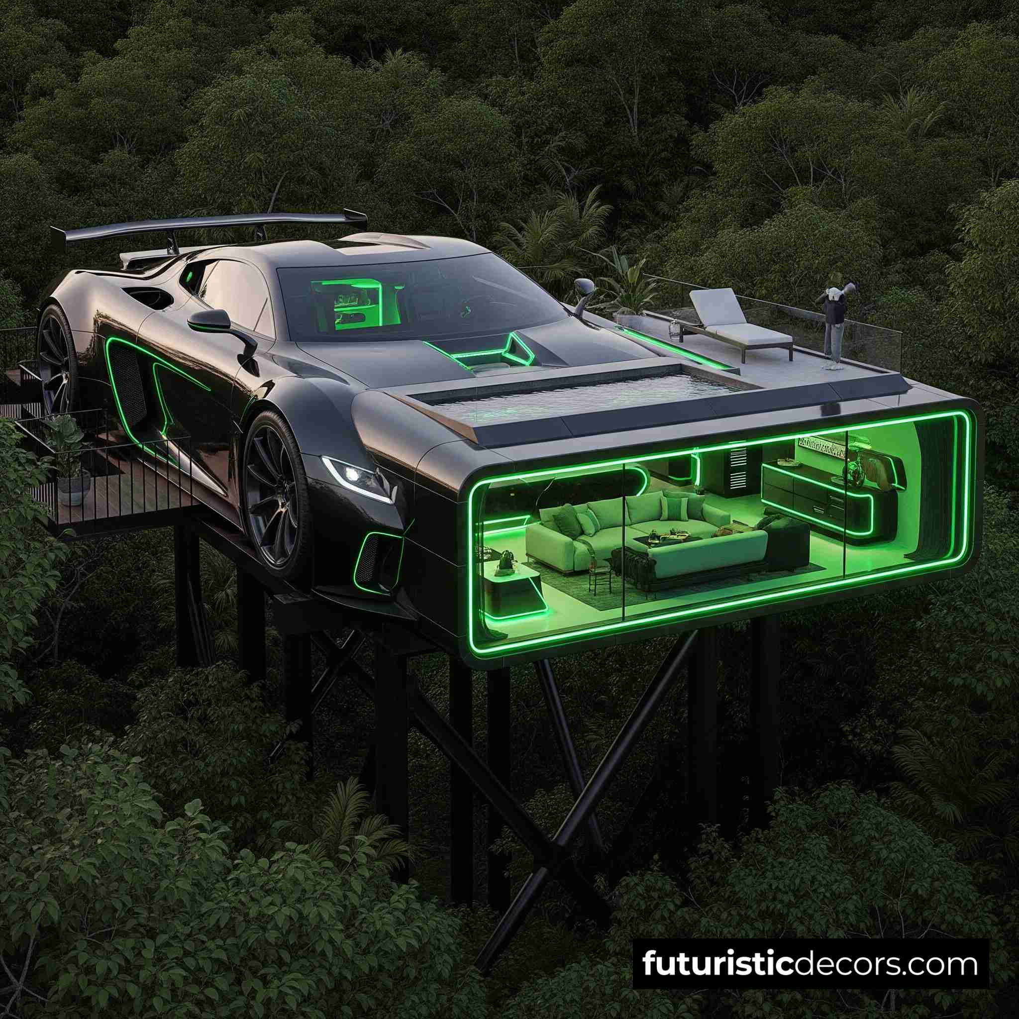 Villa in the shape of a car with neon light