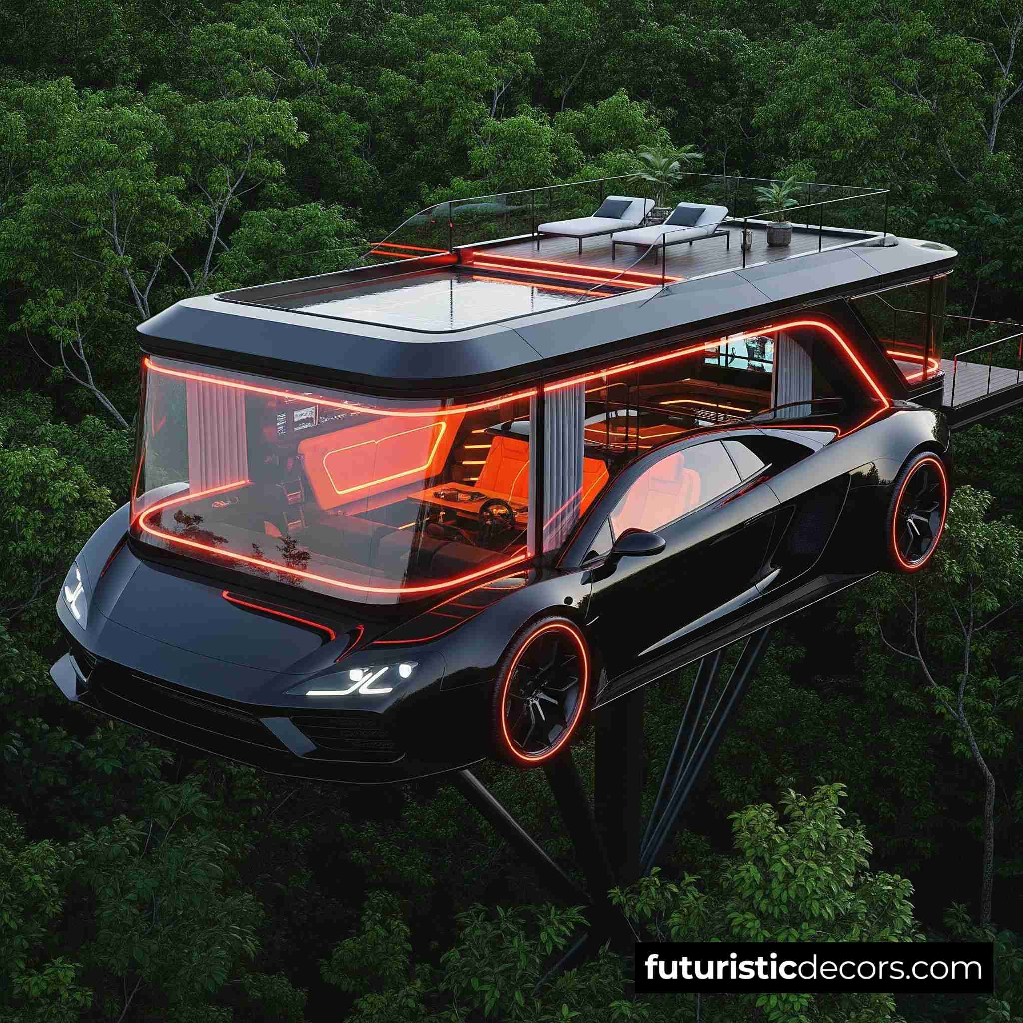 Villa in the shape of a car with neon light