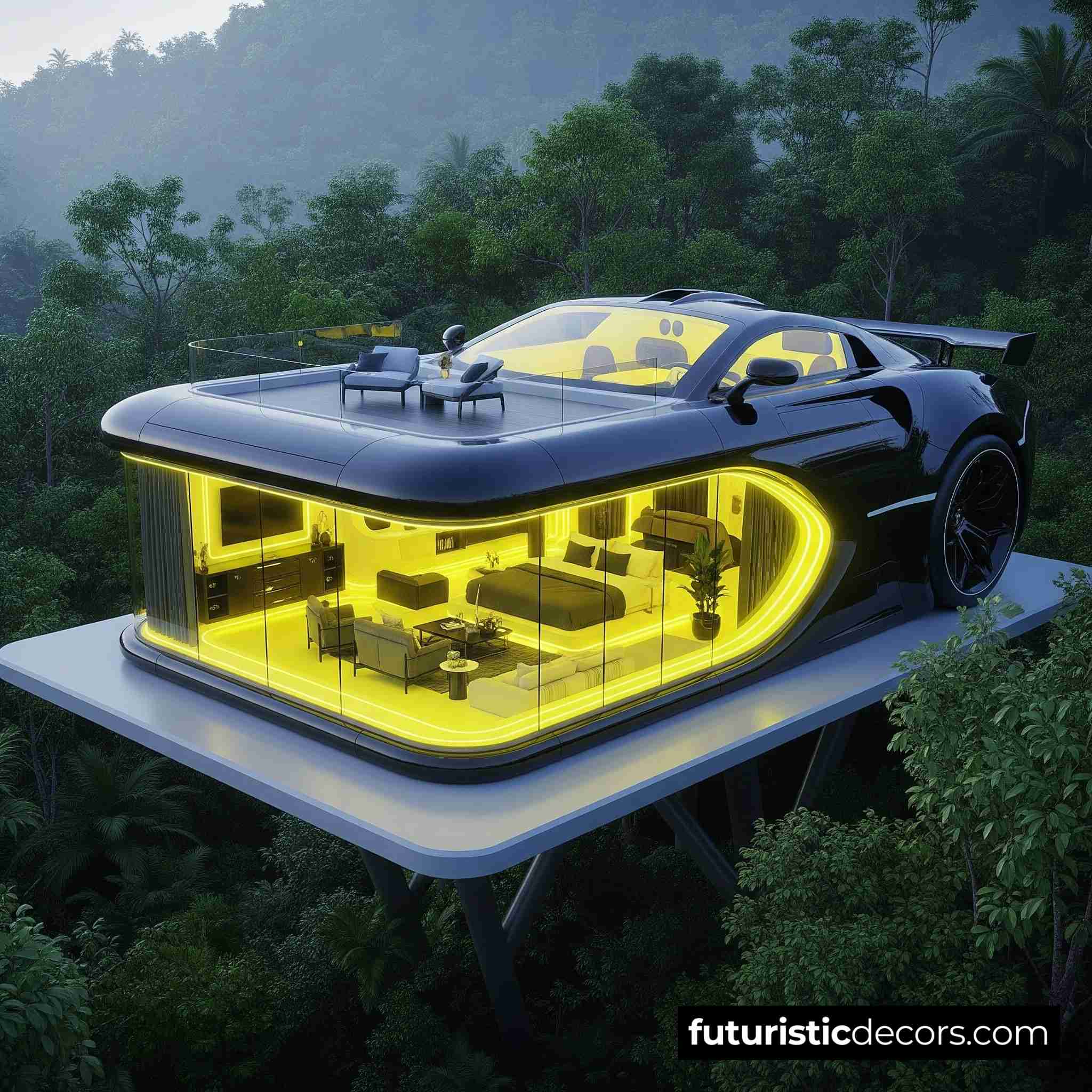 Villa in the shape of a car with neon light