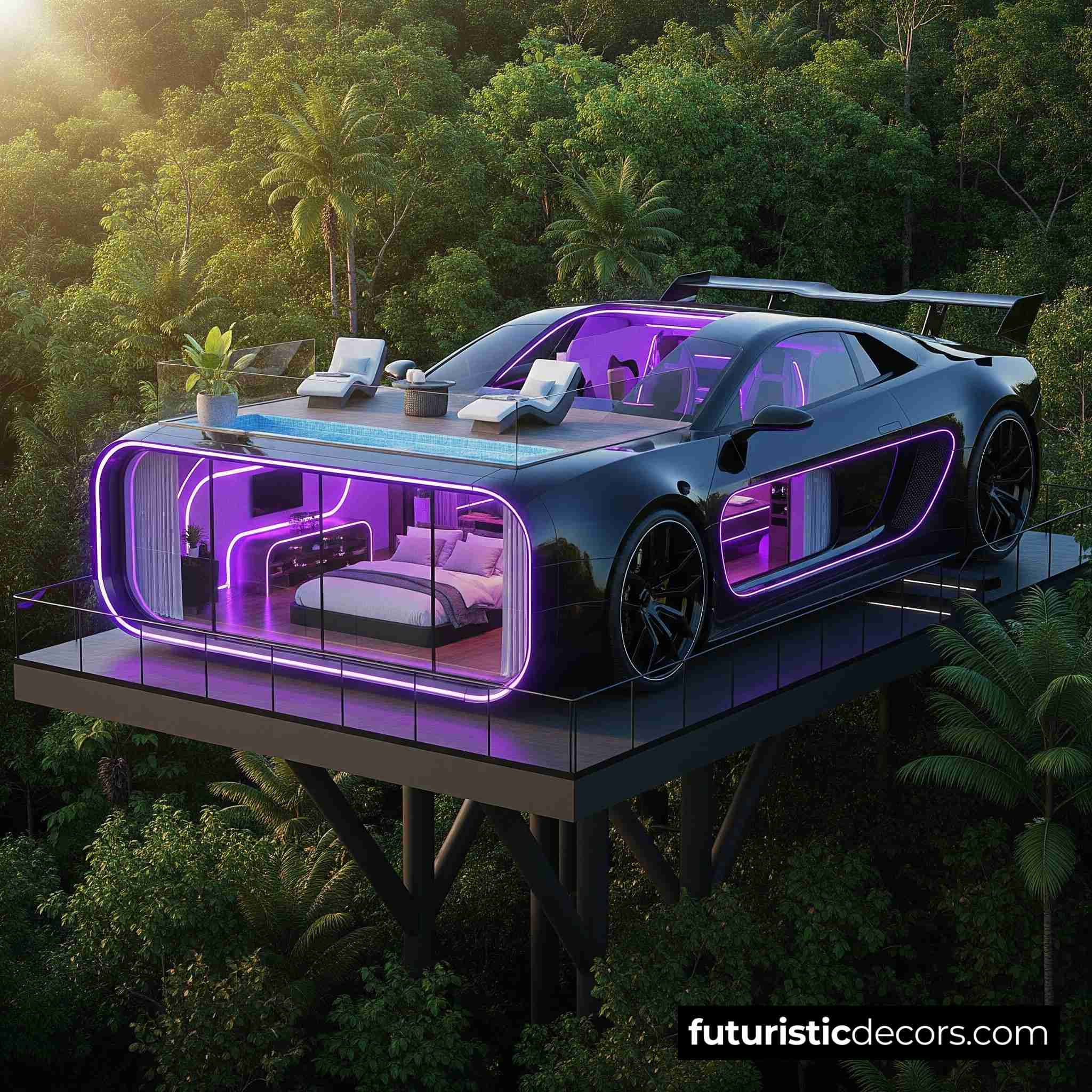 Villa in the shape of a car with neon light