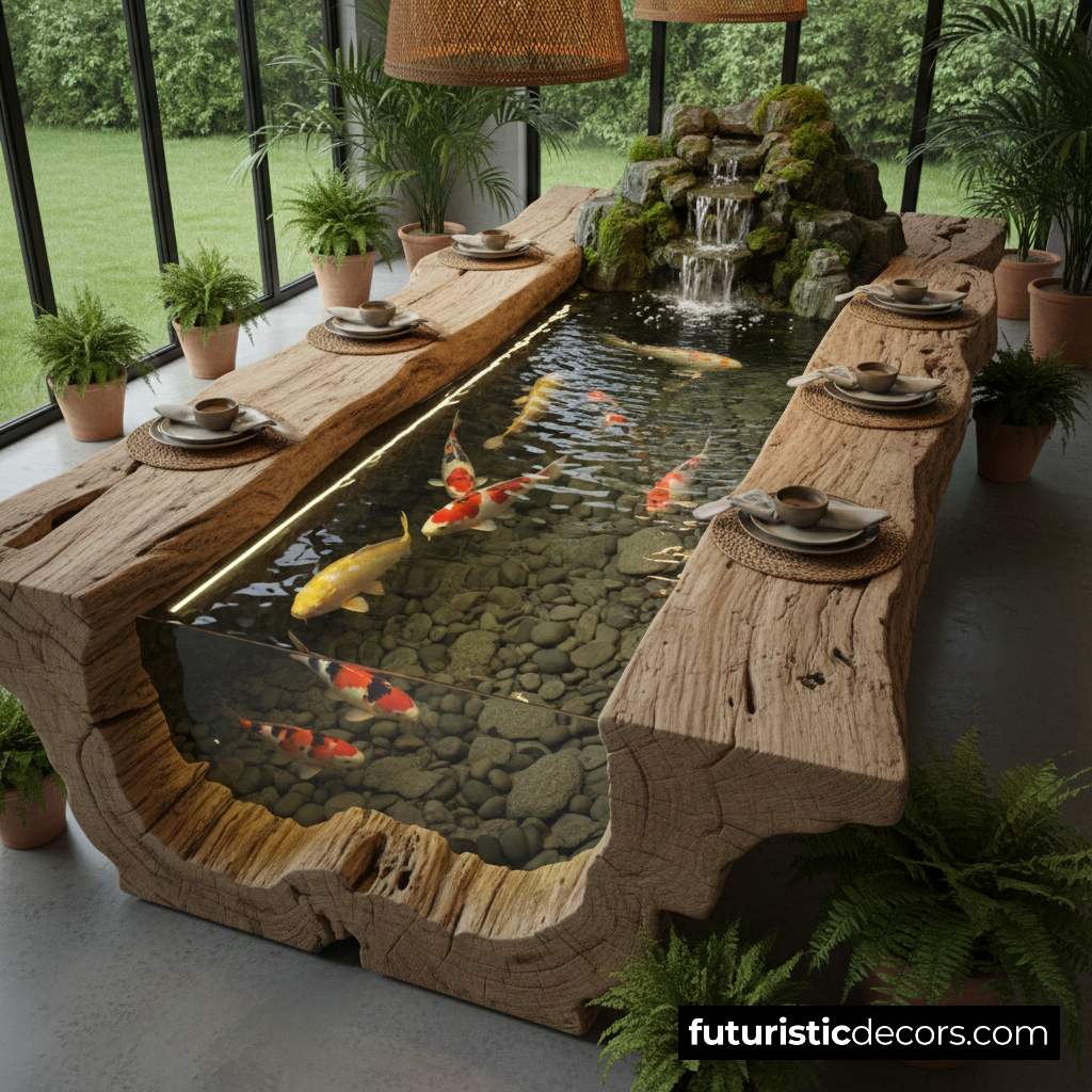 wooden koi pond dining tables
