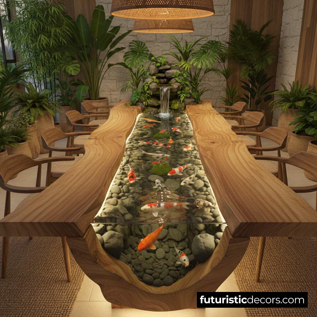 wooden koi pond dining tables