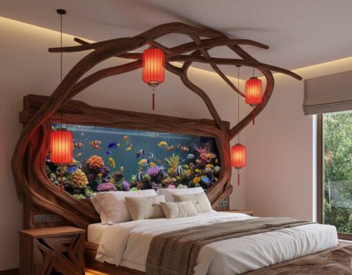 Wooden Aquarium Beds with built-in Coral Reefs & LED Lighting wooden aquarium beds