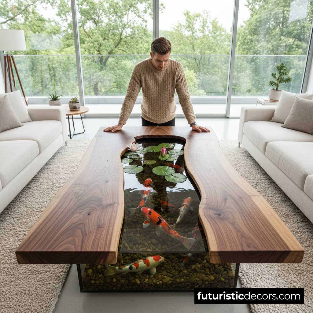 Wooden Koi Pond Coffee Tables for Nature Home Decor Lovers koi pond coffee table