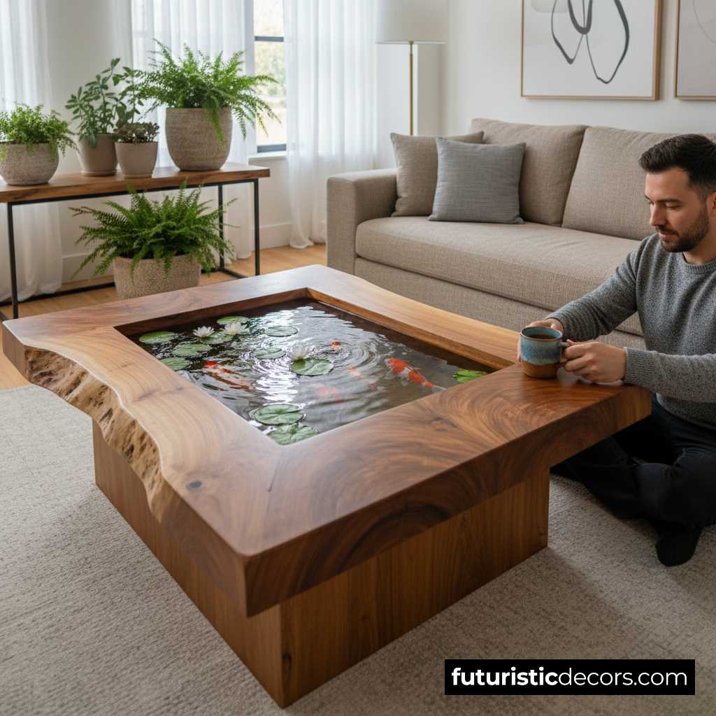 wooden koi pond coffee tables