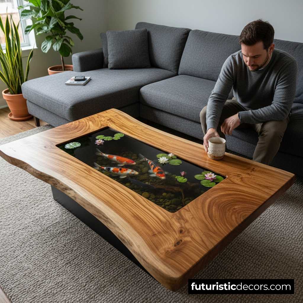 wooden koi pond coffee tables