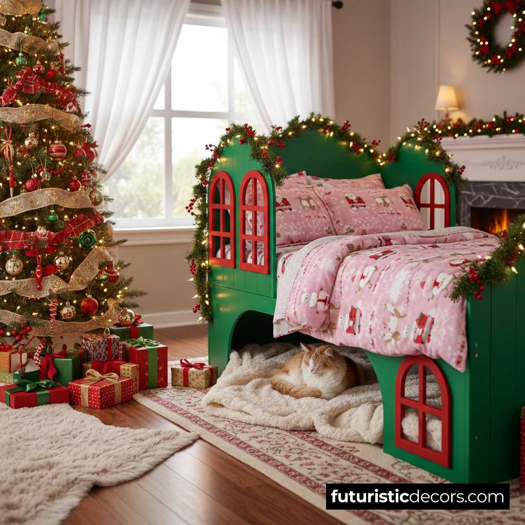 Christmas Bed with Cat Den – Cozy Design for Winter Nights Christmas Bed with Cat Den