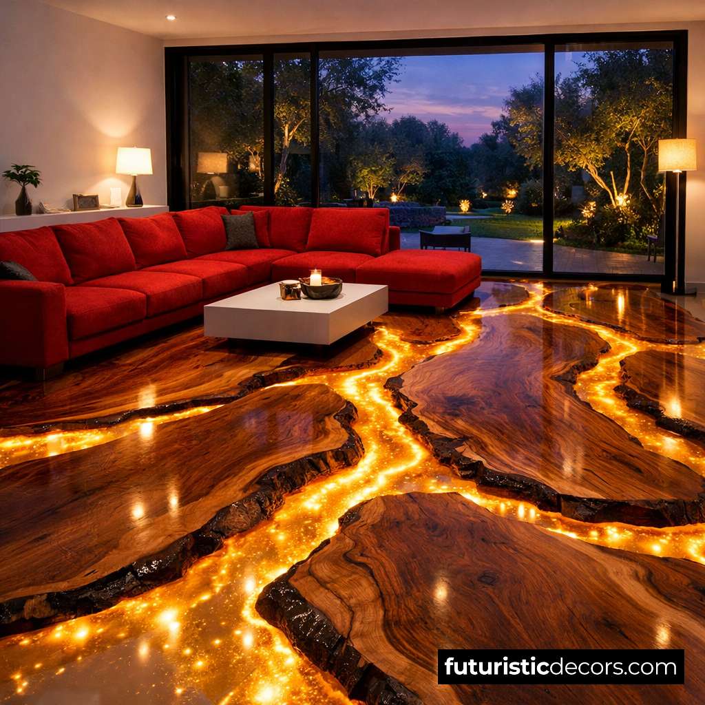 Wood Slabs Flowing Gold Epoxy Floors