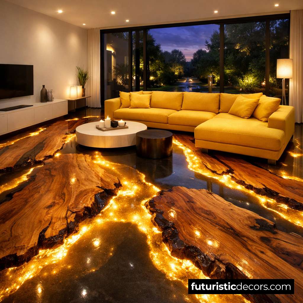 Wood Slabs Flowing Gold Epoxy Floors
