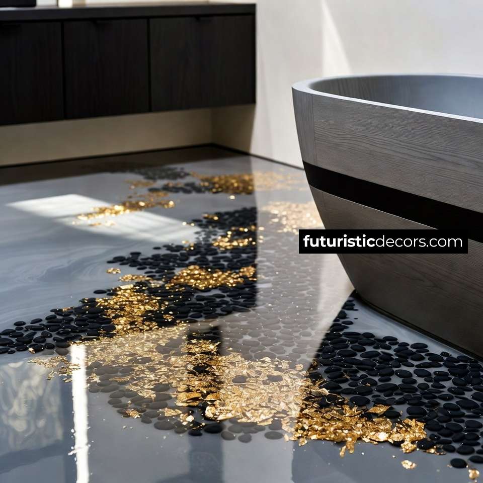 Pebble and Gold Leaf Floors | Redefining Luxury Bathroom Design Black Pebble & Gold Leaf Flooring