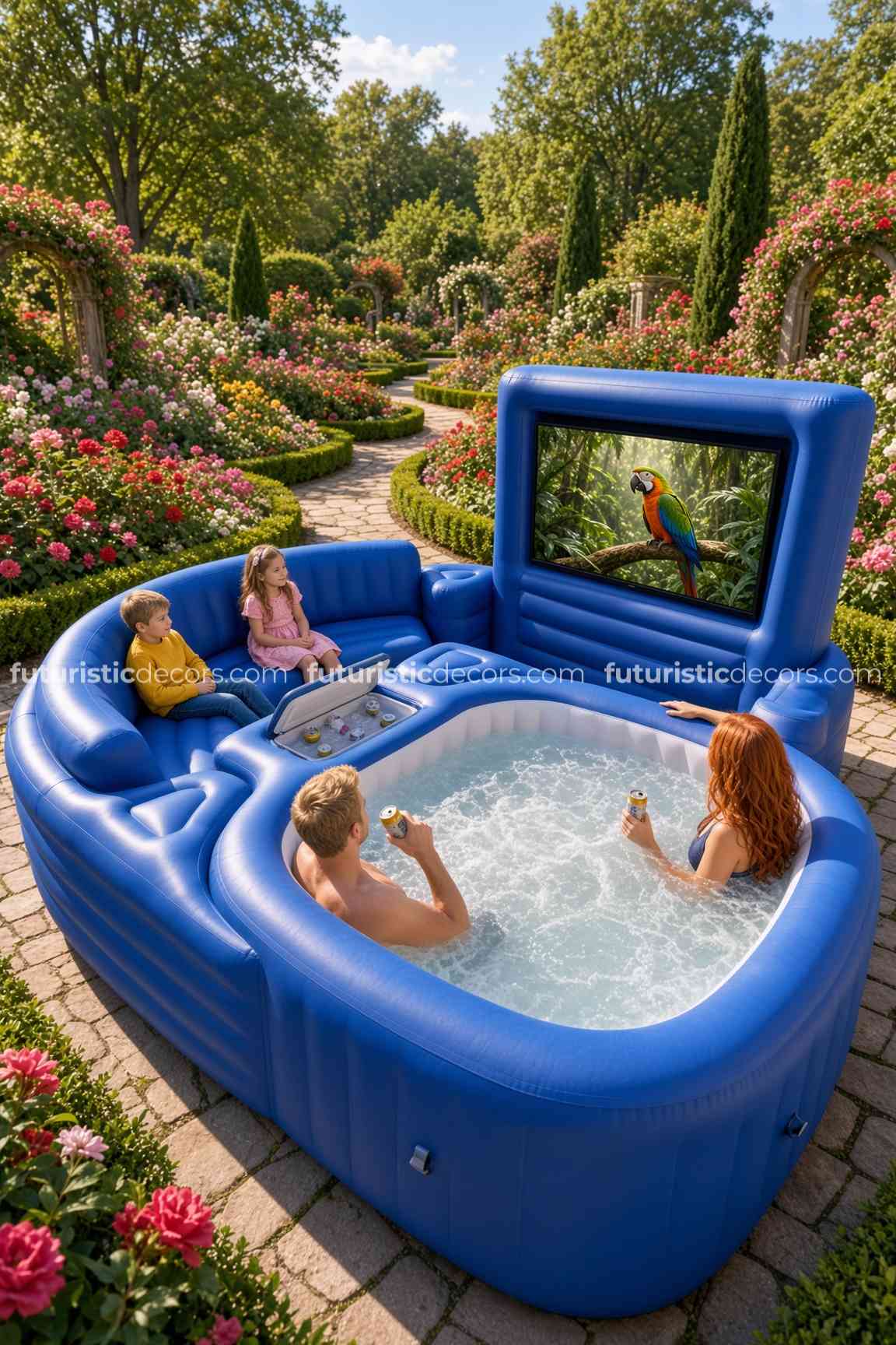 hot tub with a sofa and TV
