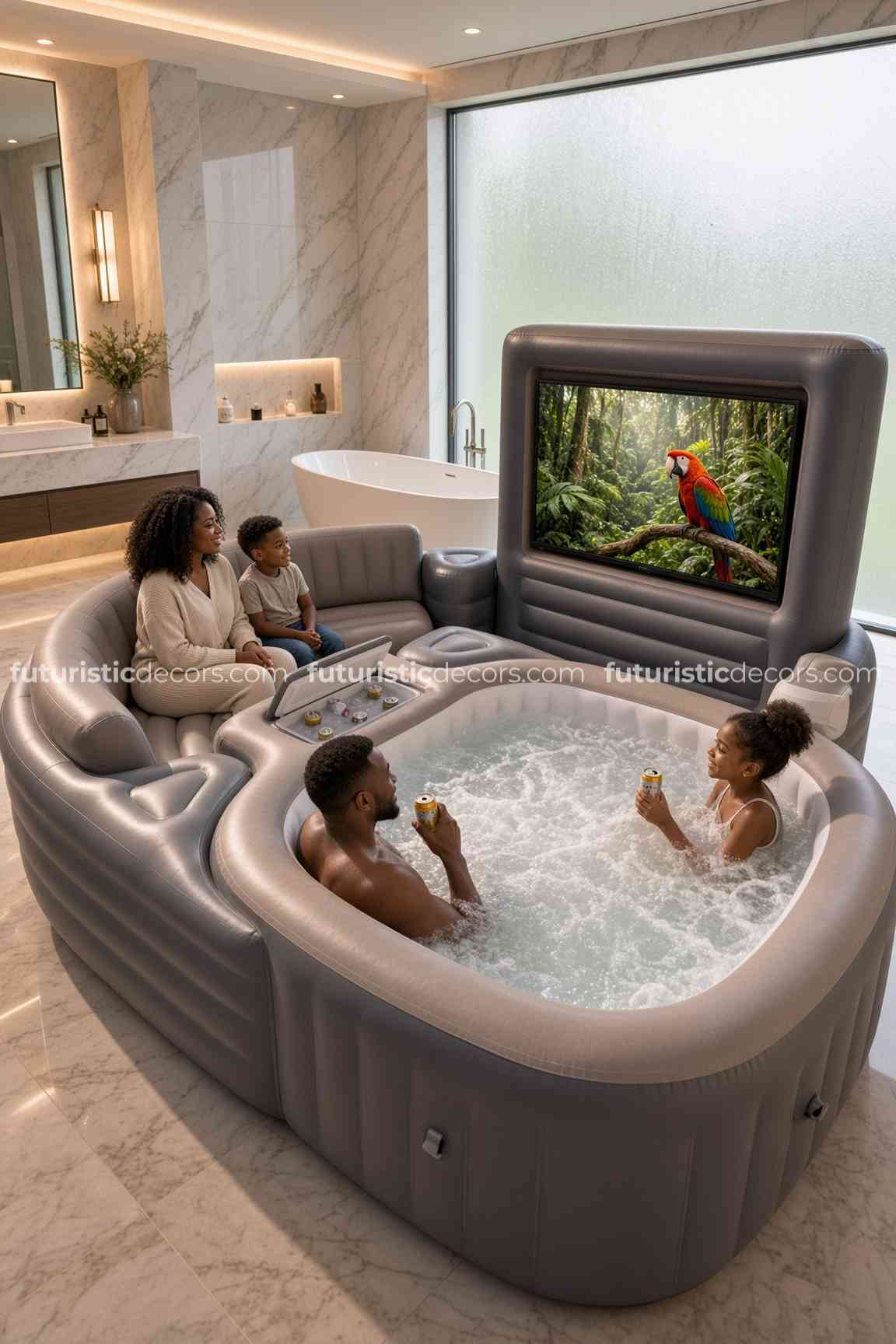 hot tub with a sofa and TV